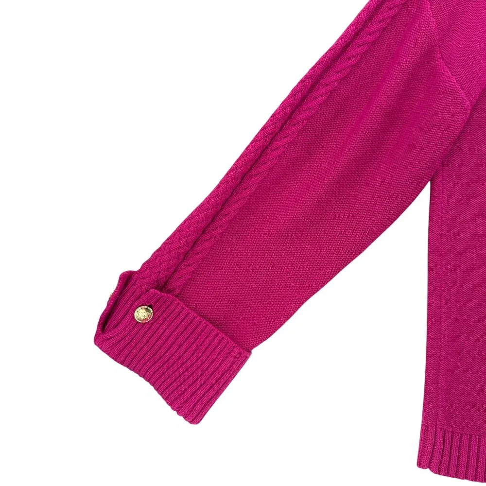 Talbots Womens XL Magenta Cable Knit Mock Neck Sweater Gold Button Cuffs